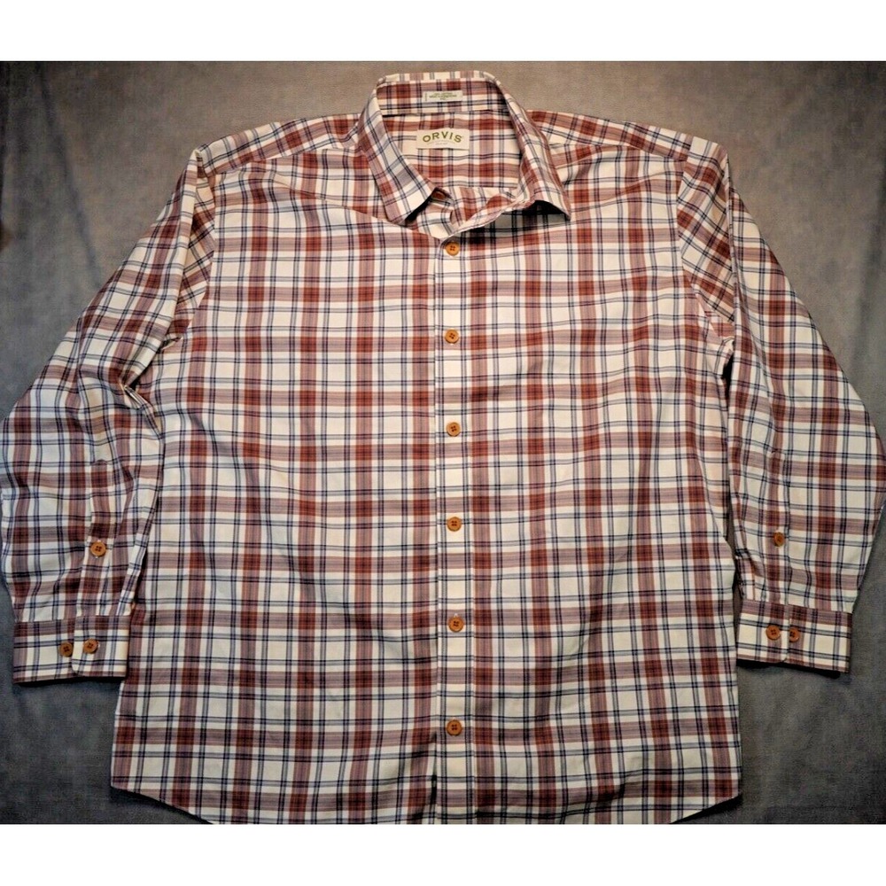 Orvis Shirt Mens Size 2XL Orange Plaid Casual Button Up Long Sleeve Cotton